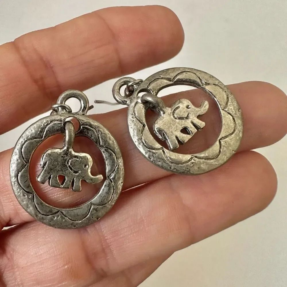 Silver tone elephant circle drop earrings